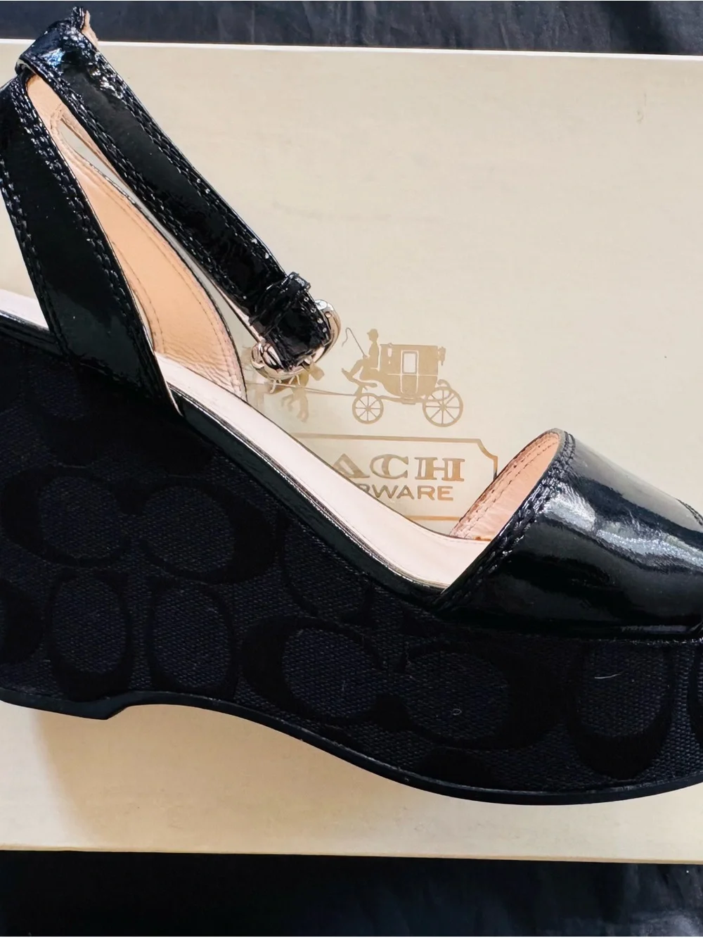 Coach Black Patent Leather Platform Wedge Sandals